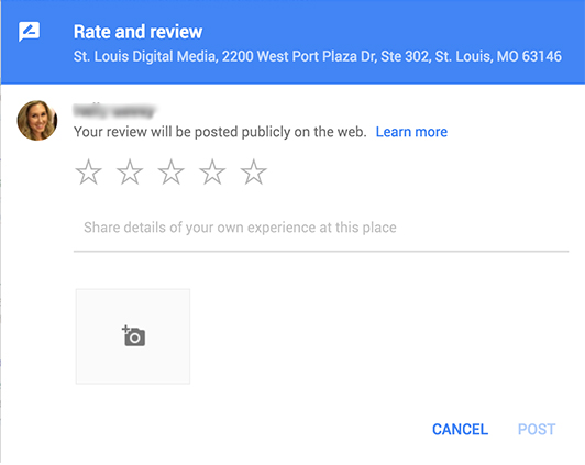 Google rate and review pop up window