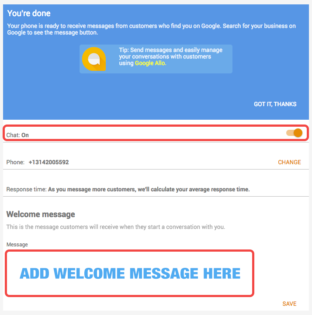 Google Chat is "On" and Enter Welcome Message.